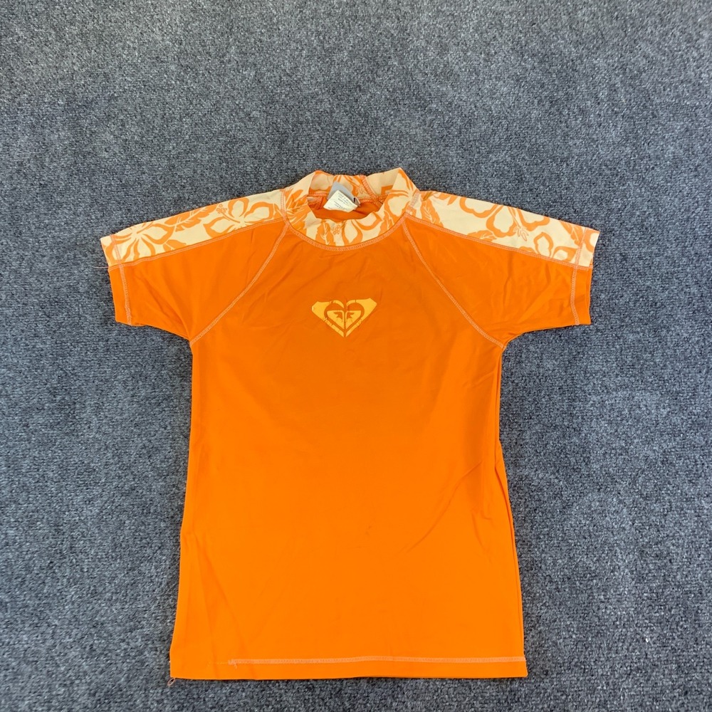 Roxy Whole Hearted Rash Guard Top Womens Large Orange Floral Stretch Swim Beach